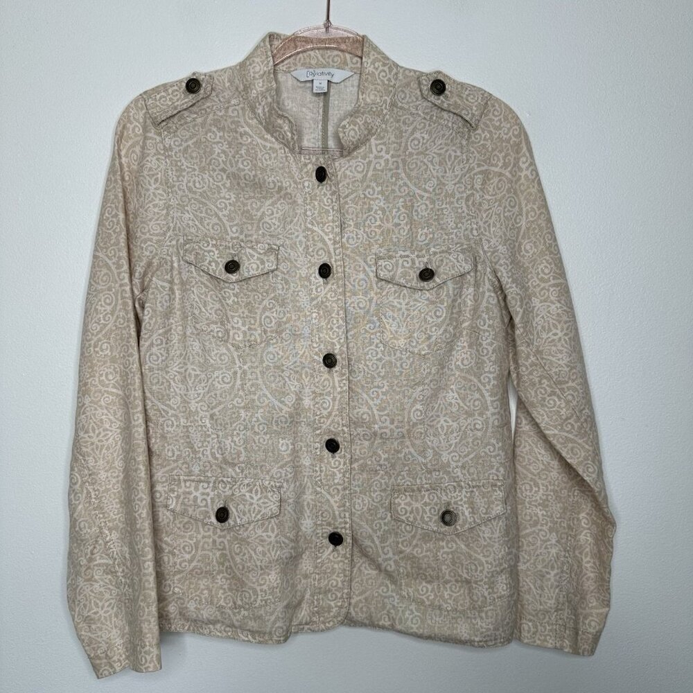 Relativity Linen Jacket Size M Tan White Military Geometric Pockets
